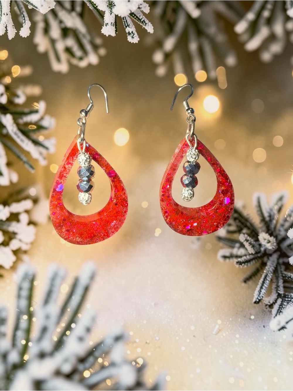 Handmade Ruby Red Glitter Resin Teardrop Earrings | Sparkling Holiday Jewelry - Picture 2 of 5